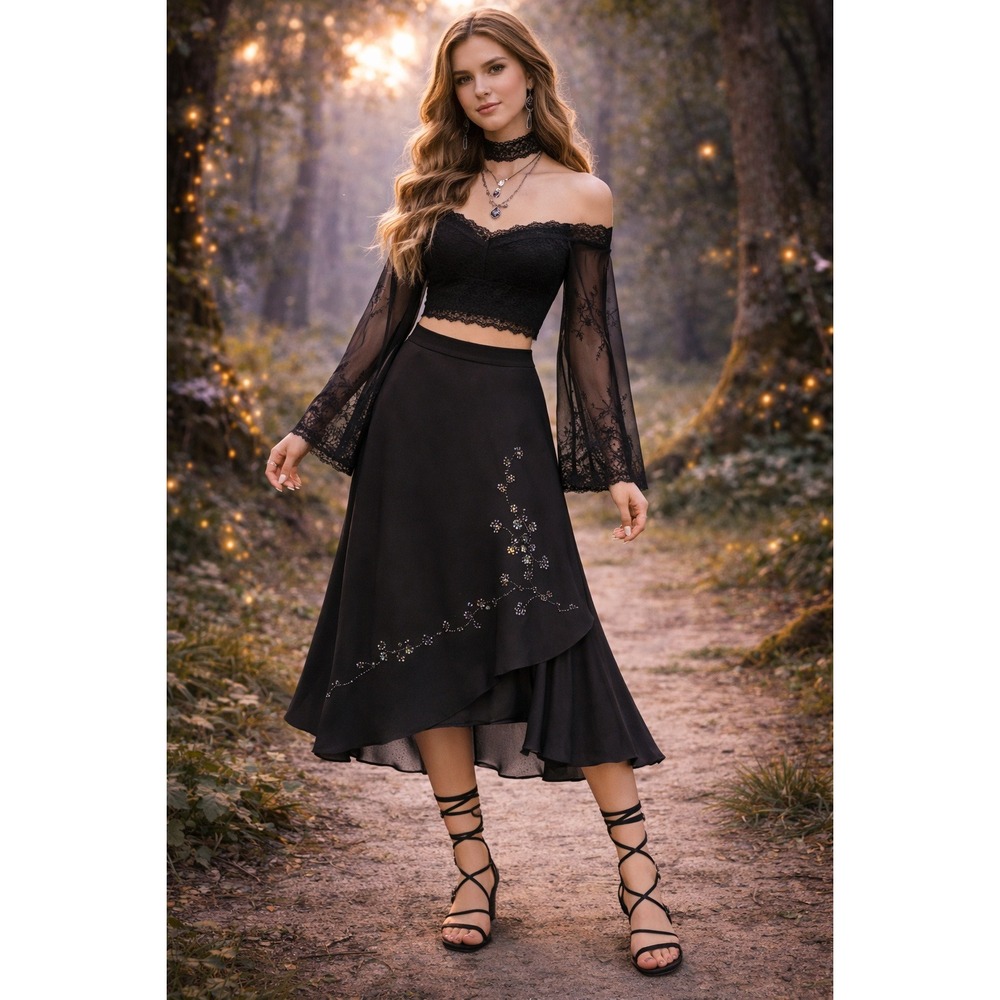 Whimsigoth Fairycore Witchy Elegant Black Beads Floral Faux Wrap Midi 12 Skirt